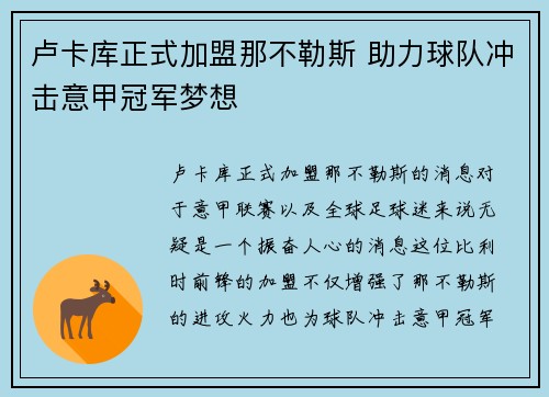 卢卡库正式加盟那不勒斯 助力球队冲击意甲冠军梦想